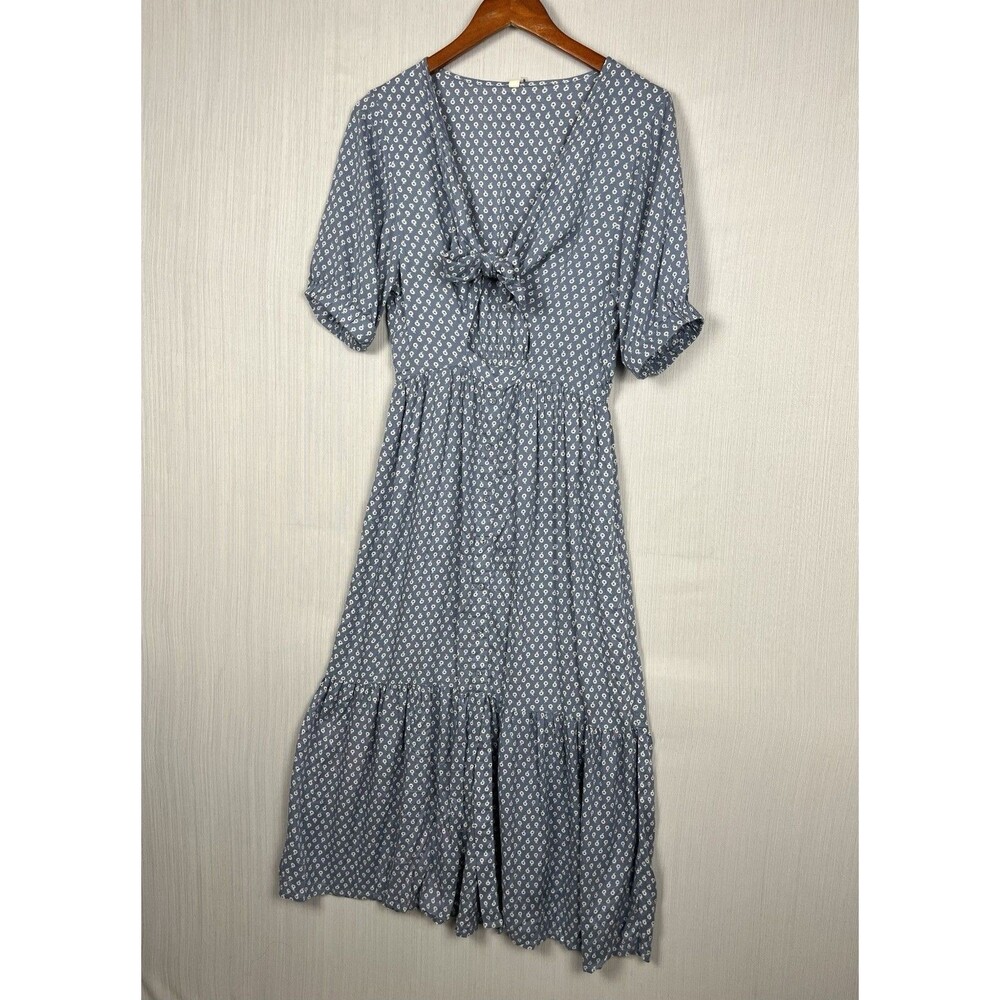 Cottagecore Tie Front‎ Midi Dress Women's M Blue White Elan Rayon Boho Prairie